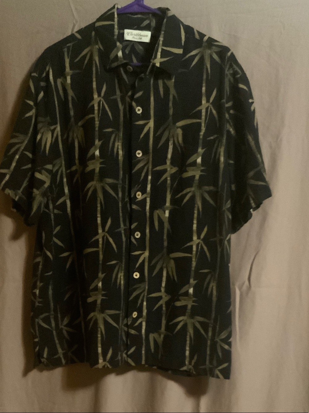 Caribbean Black Short-Sleeve Button-Down Shirt with Olive Bamboo Print
